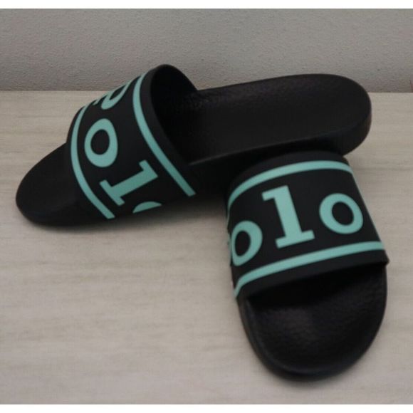 Polo Ralph Lauren Men's Sz 9 Black/Aqua Logo Slide Sandals - Picture 3 of 8